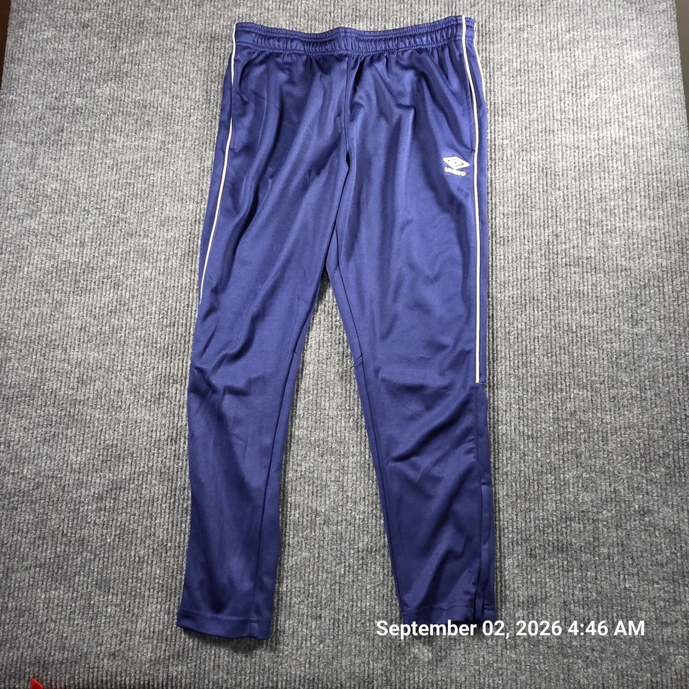 Umbro Mens Navy Blue Soccer Training Track Pants Large Zipper Pockets White Trim